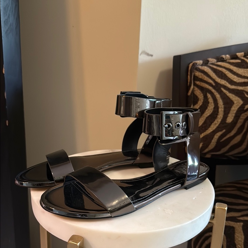 Pewter Silver Patent Leather Sandals